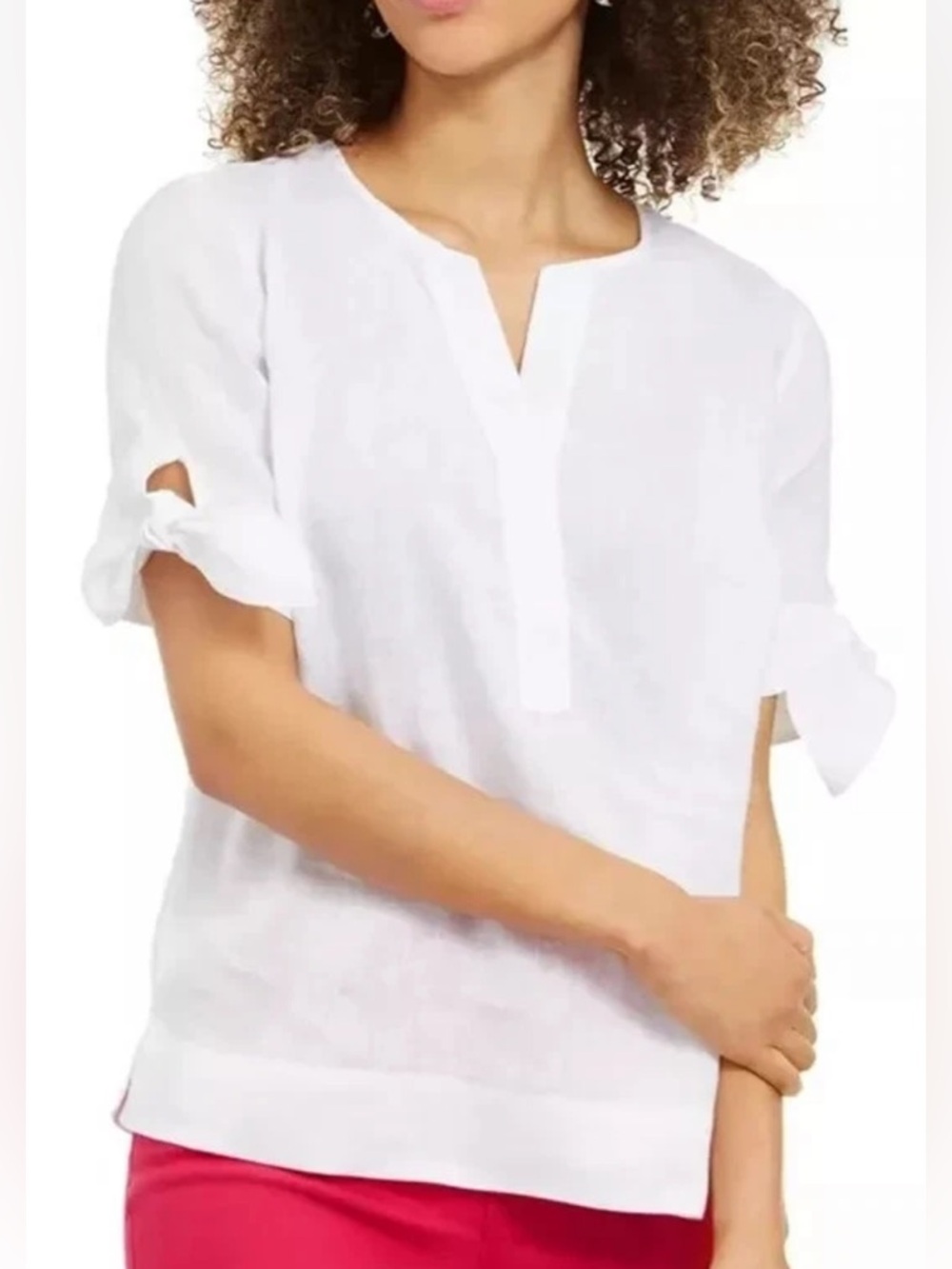 New 100% Linen Charter Club White V-Neck Tie Sleeve Bow Blouse Size S - Picture 4 of 8
